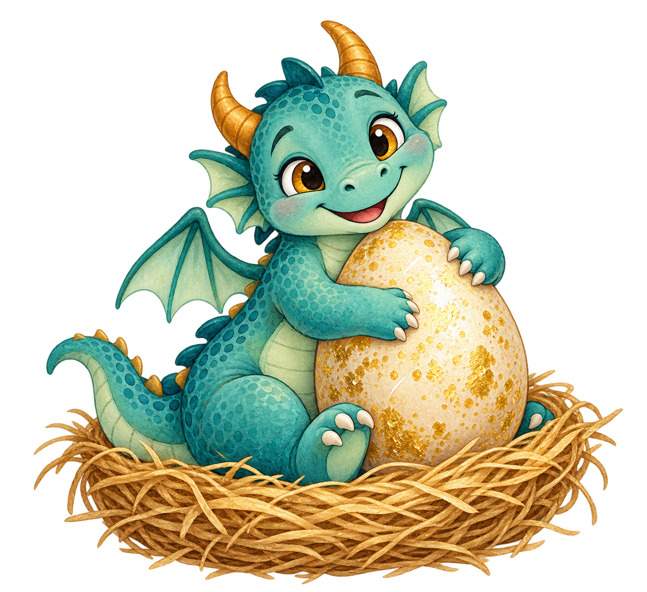 Pip, a small teal dragon, hugging a speckled golden egg in a nest.